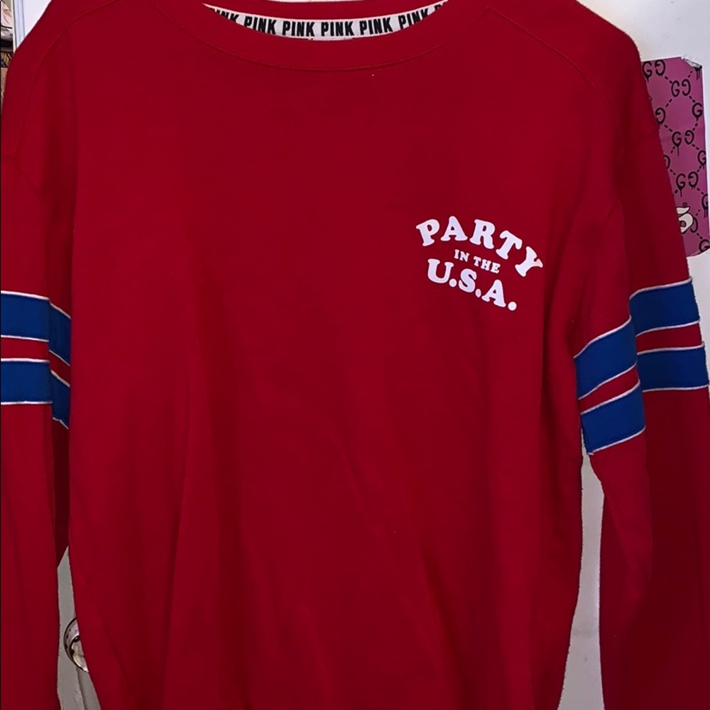Red PINK Crewneck Sweater W Blue Stripes